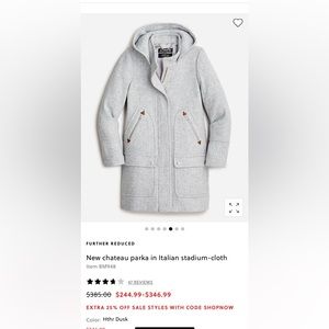 BNWT J.Crew New Chateau Parka in Italian Wool Stadium Cloth Size 10